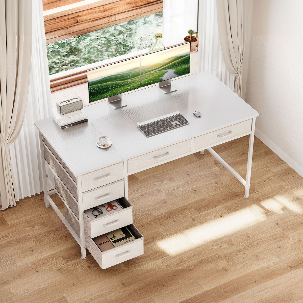 Casacomoda 48" Home Office Desk with 6 Drawers, Small Space Computer Desk with Reversible Storage, Corner Computer Desk, White