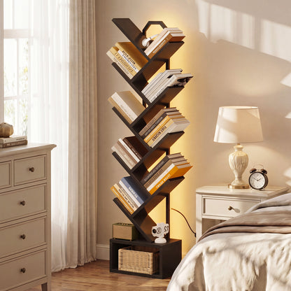 Casacomoda 8 Tier Tree Bookshelf, Bookcase with LED Lights, Display Floor Standing Storage Shelf, Book Organizer Shelves for Home Office, Living Room, Black