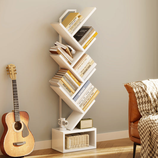 Casacomoda 6-Tier Tree Bookshelf for Corner & Small Space — Narrow Steel & Wood Bookcase, Tall Floor Standing Book Organizer Shelf with Storage Cabinet, Home Decor for Living Room, Bedroom, White