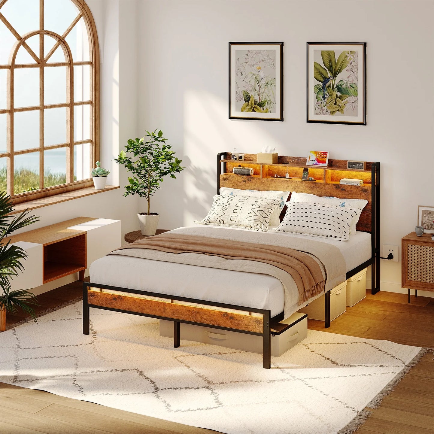 Queen Size Bed Frames, Storage Headboard with Charging Station, RGB Light Strips, Solid and Stable, Noise Free, No Box Spring Needed, Easy Assembly, Rustic Brown