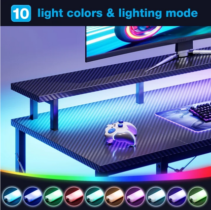 Casacomoda 48 Inch Gaming Desk with LED Lights, Computer Desk with Monitor Stand, Storage Shelves and CPU Stand, Home Office Desk, Black