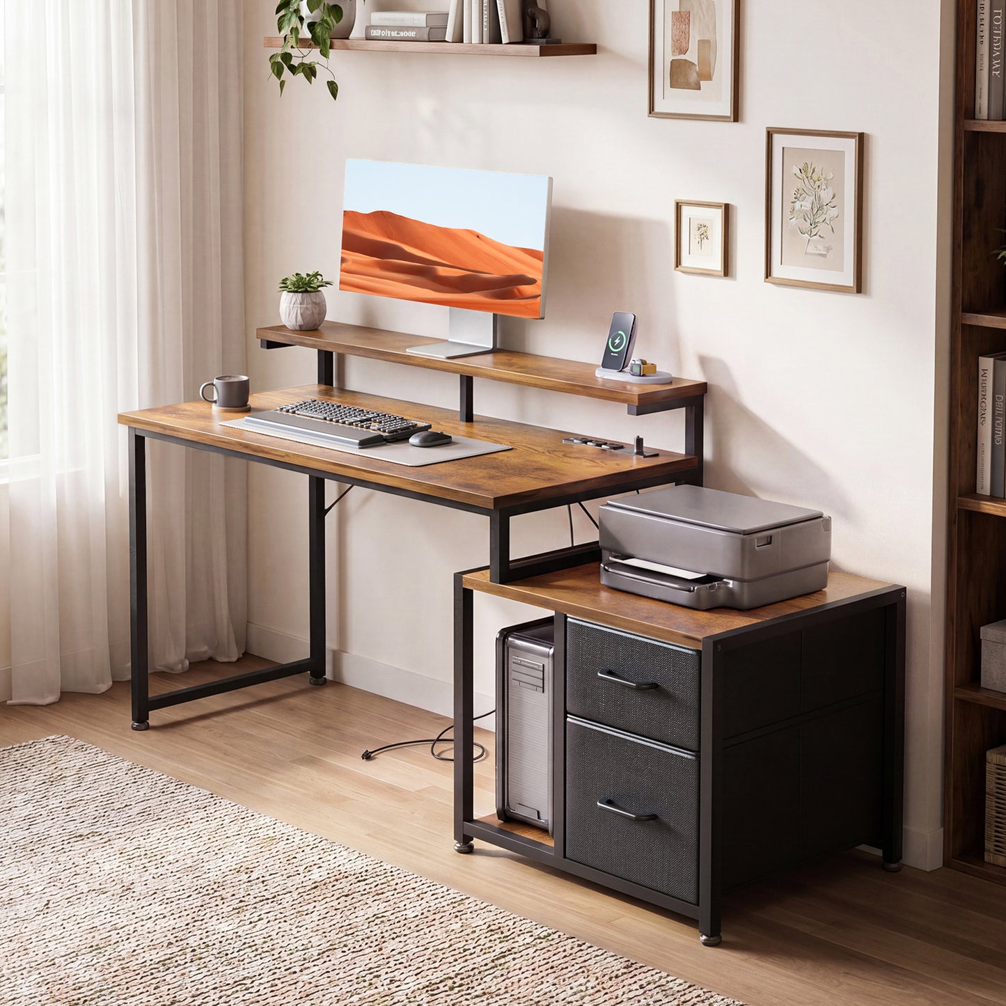 Casacomoda 55 Inch Computer Desk with Drawers & Printer Shelf, Reversible Office Desk with Charging Station, Monitor Stand and CPU Stand, Vintage and Black
