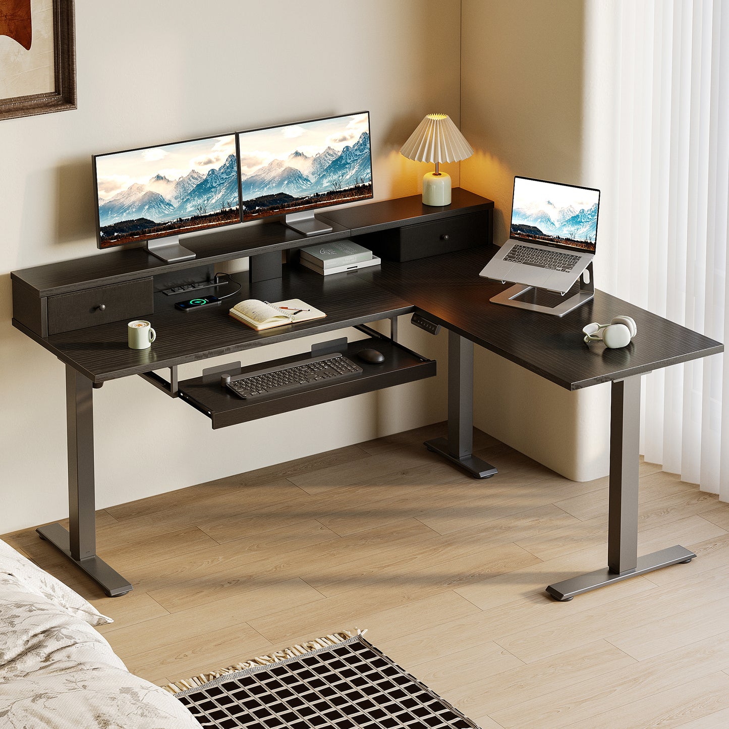 L-Shaped Electric Standing Desk, Height Adjustable Corner Desk with Fabric Drawers, Computer Desk with Monitor Shelf & Keyboard Tray, 3 Power Outlets & 2 USB Ports, Black