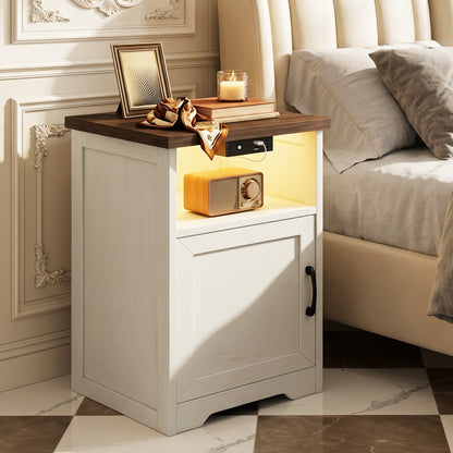 Nightstand for Bedroom, Farmhouse End Table Set of 2, Side Table with LED Light for Living Room, Bedside Table with 2 USB Ports and 1 Outlets, Set 2, Dark Walnut & White
