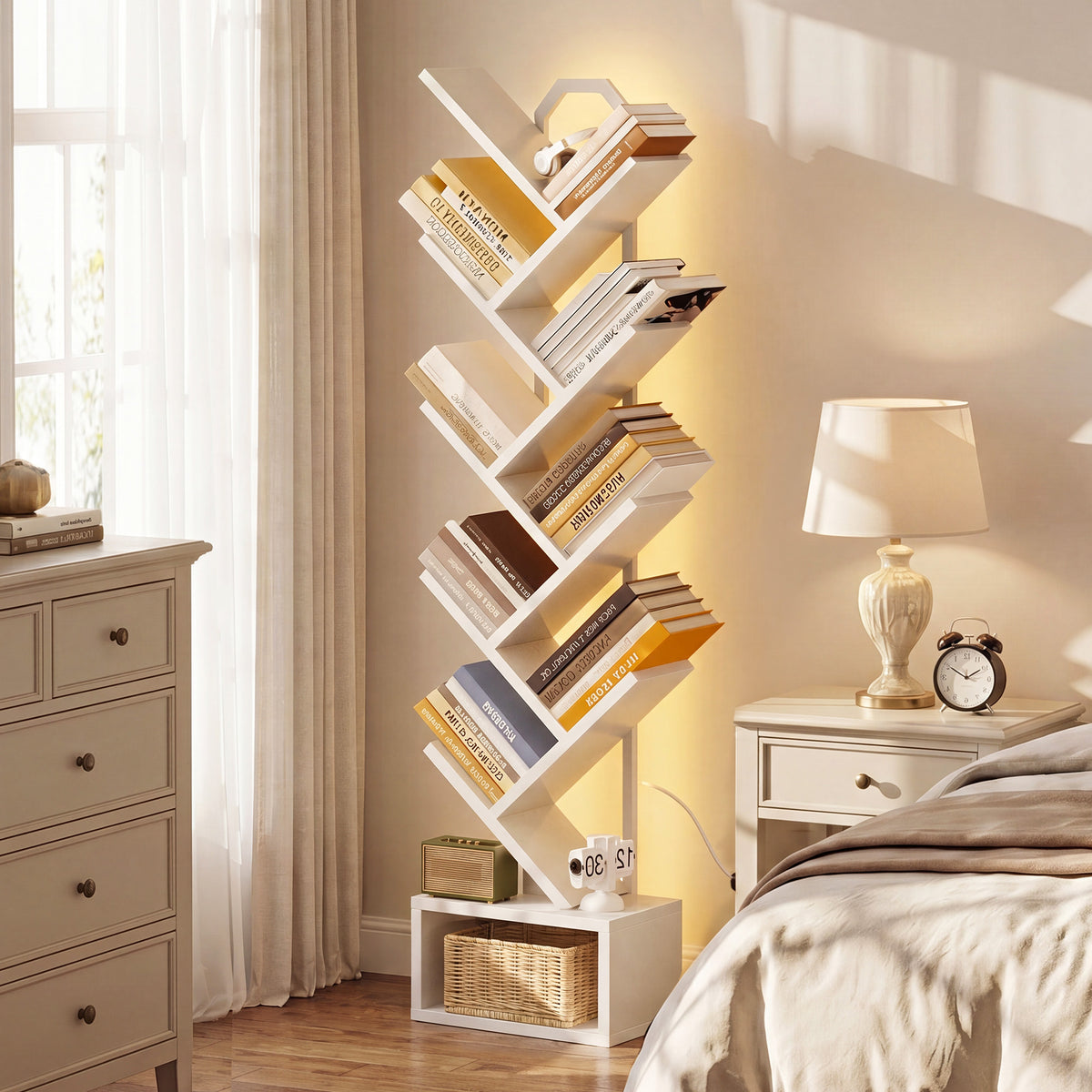 Casacomoda 8 Tier Tree Bookshelf, Bookcase with LED Lights, Display Floor Standing Storage Shelf, Book Organizer Shelves for Home Office, Living Room, White