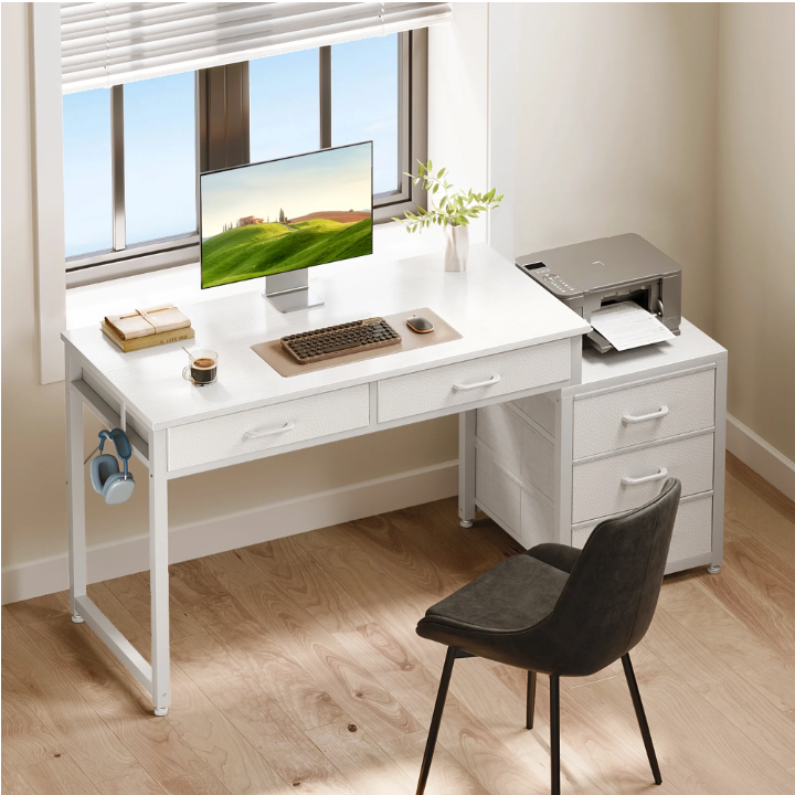Casacomoda Computer Desk with 5 Drawers & Printer Stand, Reversible Storage Desk for Home Office, 53 Inch Writing Desk with Headphone Hook, White