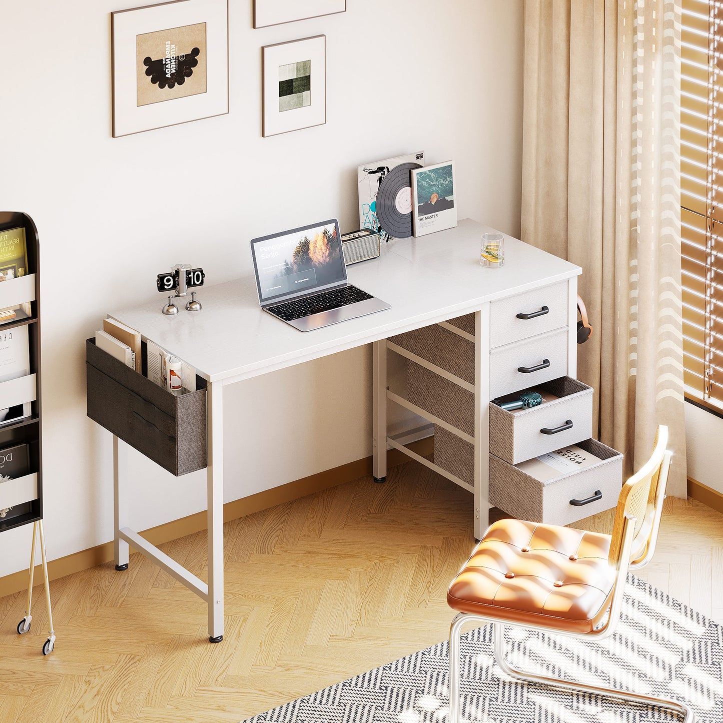 Casacomoda Small Computer Desk with 4 Fabric Drawers — Home Office Desks with Storage, Writing Desk with Side Hook and Cloth Bag, Study/Work Table for Bedroom and Small Space, White