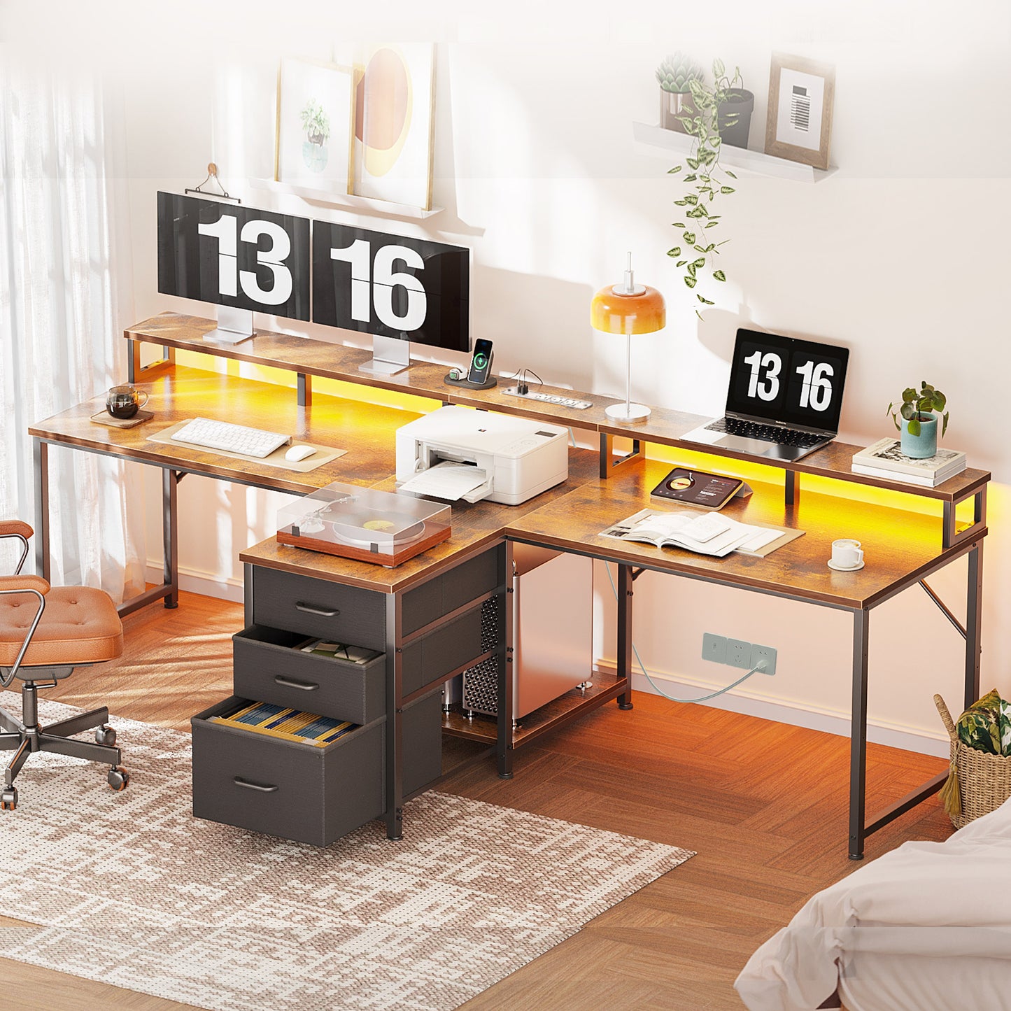 2 Person Desk with Power Outlet & LED Light, Extra Long Double Computer Desk with Fabric Drawers & File Cabinet, 94 Inch Writing Desk with Monitor Stand, T Shaped Gaming Desk, Vintage