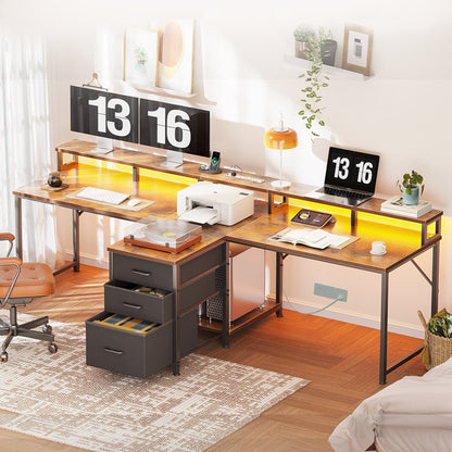 2 Person Desk with Power Outlet & LED Light, Extra Long Double Computer Desk with Fabric Drawers & File Cabinet, 94 Inch Writing Desk with Monitor Stand, T Shaped Gaming Desk, Vintage