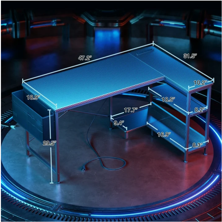 48 inch Large Office Desk with Storage Shelve, Gaming Table with Power Outletsfor Large Spaces, Black Carbon