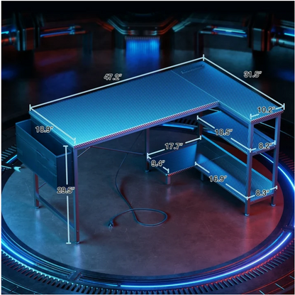 48 inch Large Office Desk with Storage Shelve, Gaming Table with Power Outletsfor Large Spaces, Black Carbon