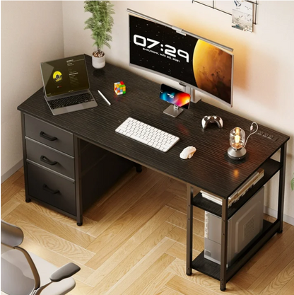 51 Inch Computer Desk with File Drawers & USB Power Outlets- Reversible Home Office Desk with Storage Shelves, Work from Home, Writing Table for Bedroom, Black