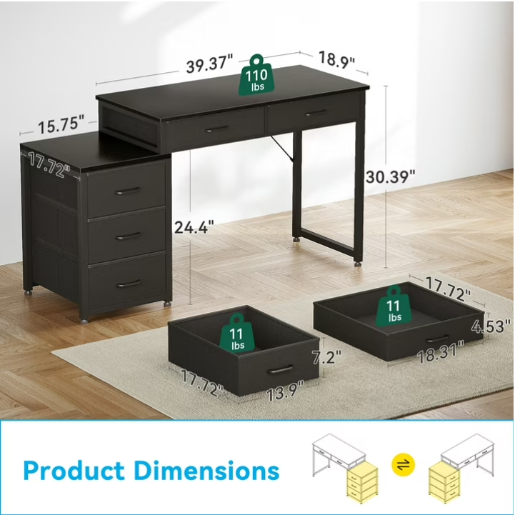 Casacomoda Computer Desk with 5 Drawers, Reversible Home Office Desks with Printer Stand, Study Writing Table Workstation for Small Spaces, Black