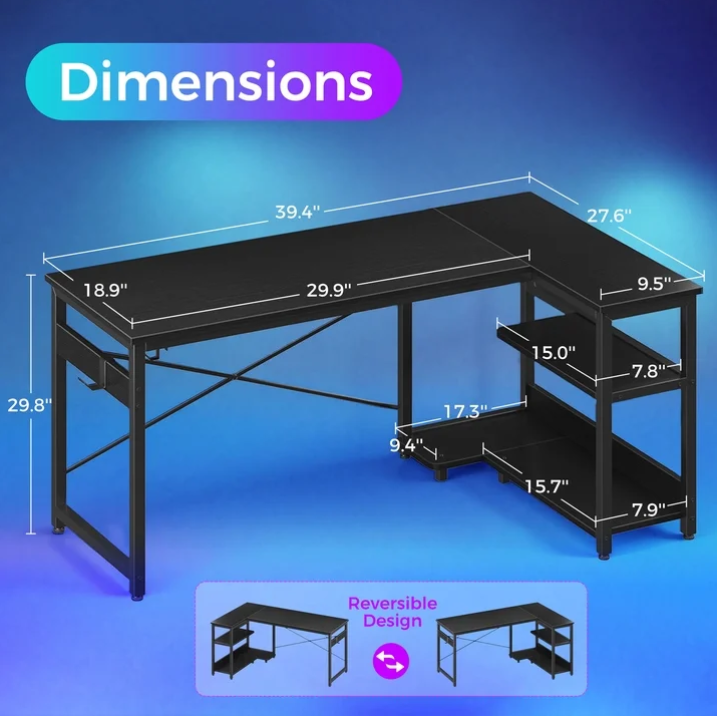 40 inch Small Office Desk with Storage Shelve, Student Writing Table for Small Spaces, Headphone Hooks, Black