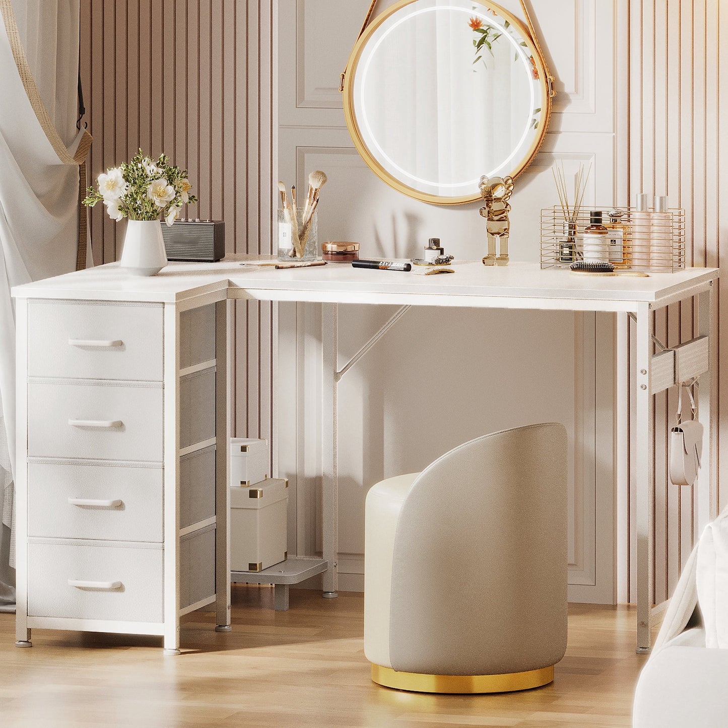 40 inch Computer Desk with 4 Fabric Drawers — Home Office Desks with Storage, Writing Desk with Side Hook, Desk Study/Work Table for Bedroom and Small Space, White