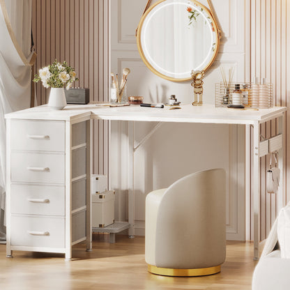 40 inch Computer Desk with 4 Fabric Drawers — Home Office Desks with Storage, Writing Desk with Side Hook, Desk Study/Work Table for Bedroom and Small Space, White