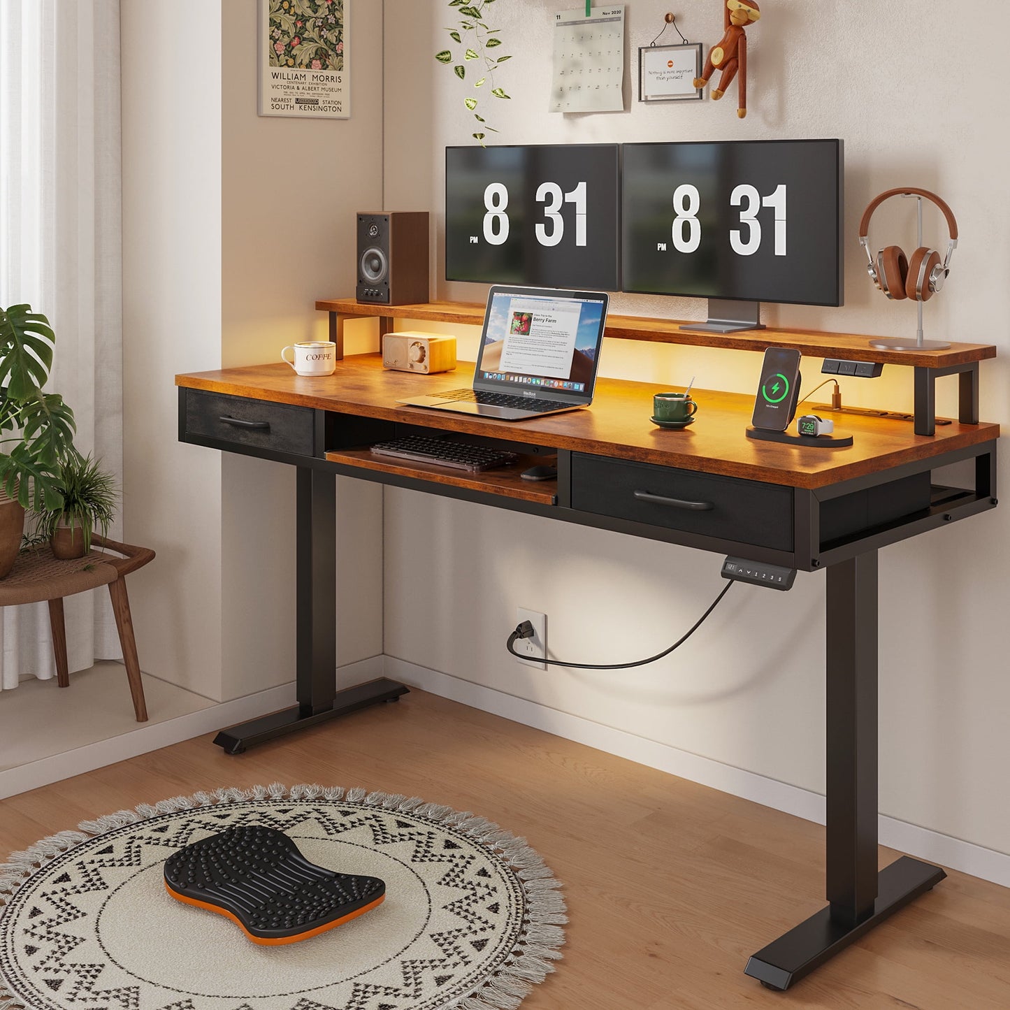 Casacomoda 55 inch Electric Standing Desk with Drawers & Keyboard Tray, Height Adjustable Gaming Desk with Power Outlets & LED Lights, Sit Stand Table with Monitor Stand for Home, Office, Vintage