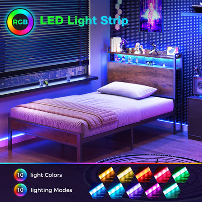 Casacomoda Twin Bed Frames, Storage Headboard with Charging Station, RGB Light Strips, Solid and Stable, Noise Free, No Box Spring Needed, Easy Assembly, Rustic Brown