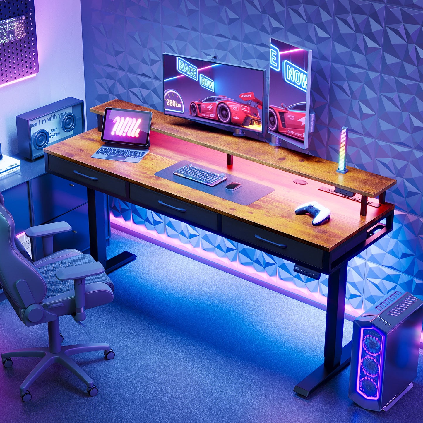 Casacomoda 63“ Electric Standing Desk with Power Outlets and LED Lights, Adjustable Height Sit Stand Desk with Monitor Shelf & 3 Fabric Drawers for Home Office, Vintage