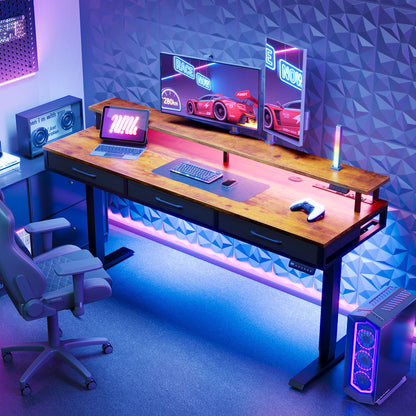 Casacomoda 63“ Electric Standing Desk with Power Outlets and LED Lights, Adjustable Height Sit Stand Desk with Monitor Shelf & 3 Fabric Drawers for Home Office, Vintage