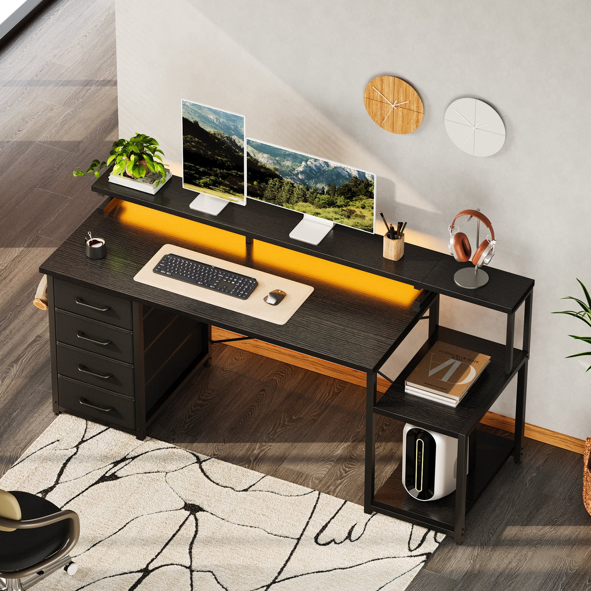 Casacomoda 55 Inch Computer Desk with LED Light, Monitor Stand, Desk with 4 Drawers, Home Office Desk with Storage Shelves, White Office Desks, Black