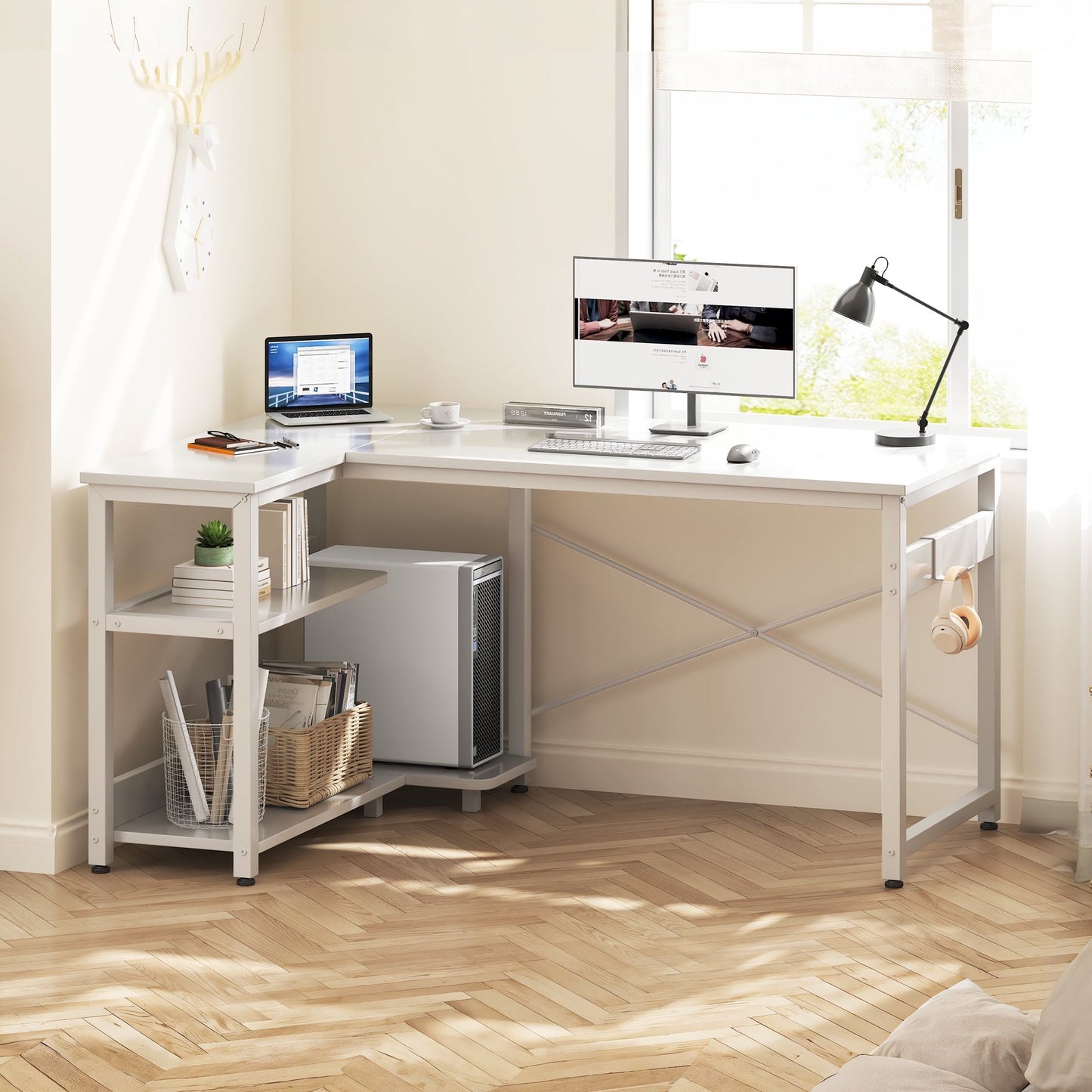 Casacomoda 48 Inch L Shaped Computer Desk with Power Outlet Shelves, Reversible Corner Desk for Small Space Home Office, L-Shaped Desk PC Desks, White