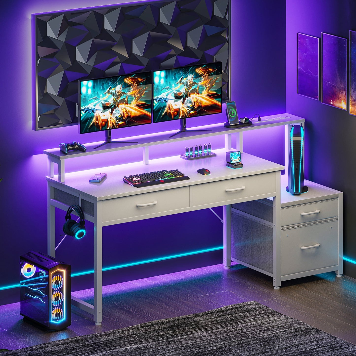 Computer Desk with 4 Drawers, 55 Inch Reversible Desk with Led Lights & Power Outlet, Home Office Desk with File Drawer & Monitor Stand, White