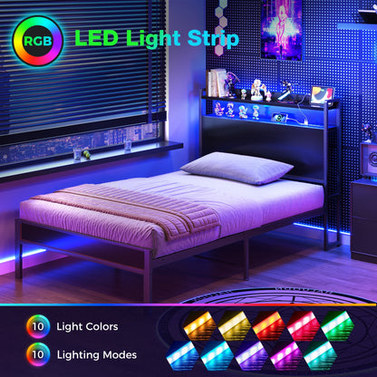 Casacomoda Twin Bed Frames, Storage Headboard with Charging Station, RGB Light Strips, Solid and Stable, Noise Free, No Box Spring Needed, Easy Assembly, Classic Black