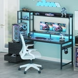 Casacomoda 55 inch Gaming Desk with LED Lights & Power Outlets, Home Office Desk with Reversible Storage Drawers & Monitor Shelves, Carbon Fiber Black