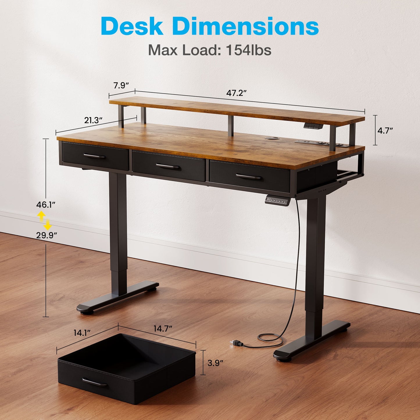 Casacomoda 48“ Electric Standing Desk with Power Outlets and LED Lights, Adjustable Height Sit Stand Desk with Monitor Shelf & 3 Fabric Drawers for Home Office, Vintage