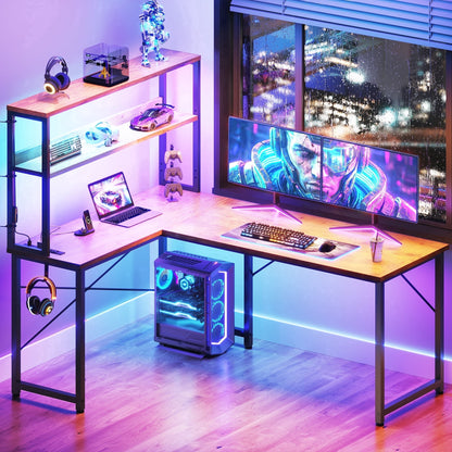 Casacomoda L Shaped Gaming desk, 53 Inch Computer Desk with Shelves, Reversible Display Shelf Gaming Desk with Led Light & Charging Station, Vintage