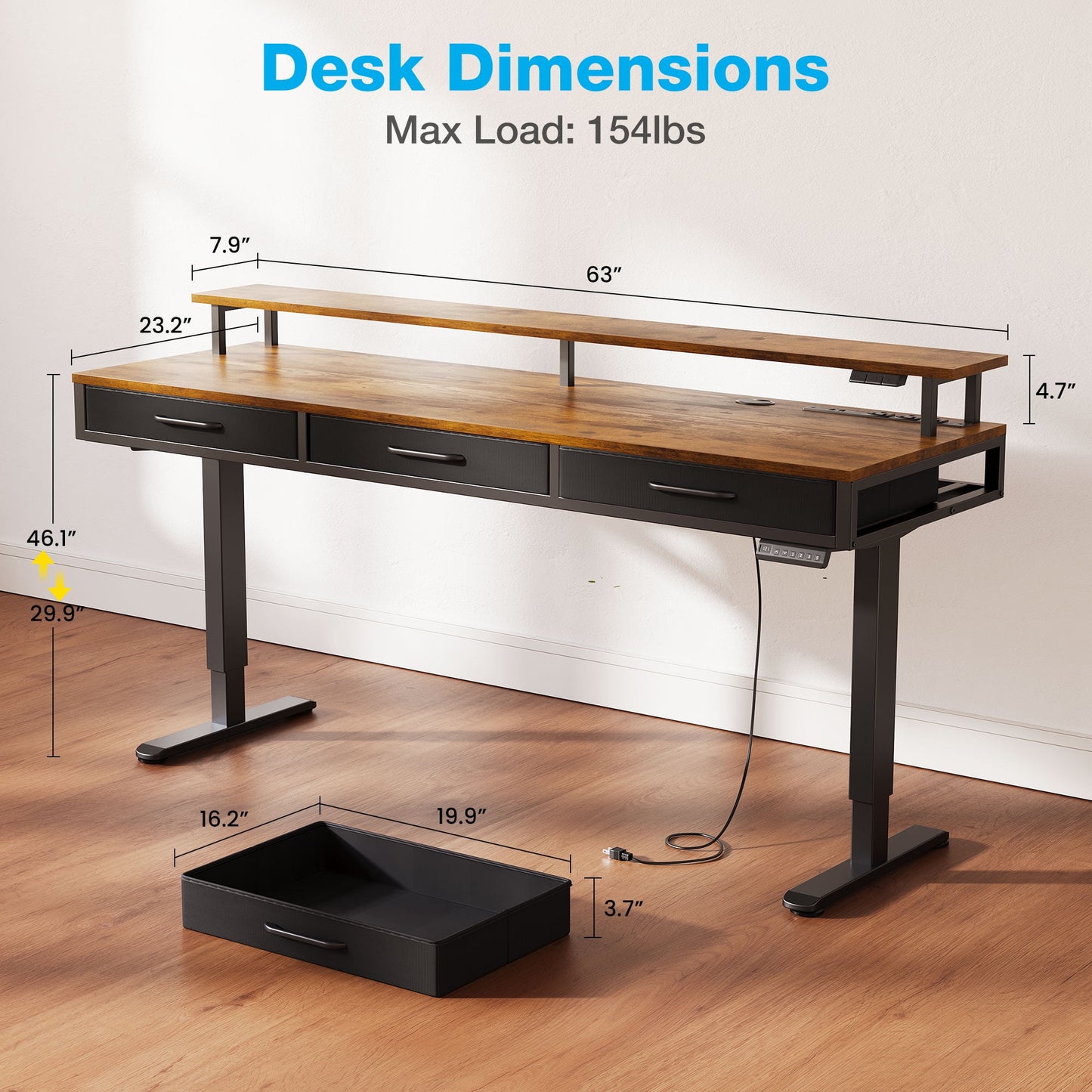 Casacomoda 63“ Electric Standing Desk with Power Outlets and LED Lights, Adjustable Height Sit Stand Desk with Monitor Shelf & 3 Fabric Drawers for Home Office, Vintage
