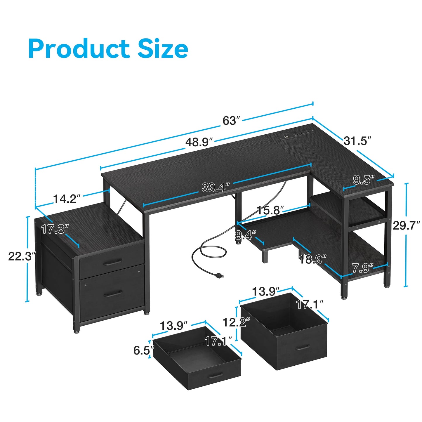 63" Office Desk with Power Outlets & CPU Holder, L-Shaped Corner Desk with File Cabinet, Storage Shelf & 2 Drawers for Large Spaces, Black