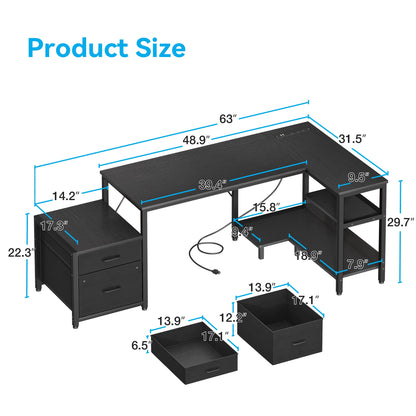 63" Office Desk with Power Outlets & CPU Holder, L-Shaped Corner Desk with File Cabinet, Storage Shelf & 2 Drawers for Large Spaces, Black