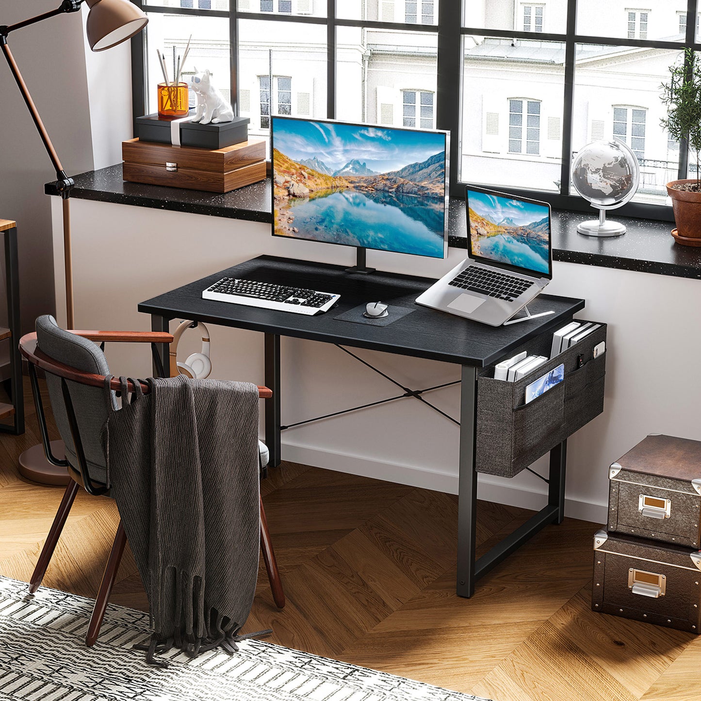 Casacomoda Computer Writing Desk 40 inch, Sturdy Home Office Table, Work Desk with a Storage Bag and Headphone Hook, Black