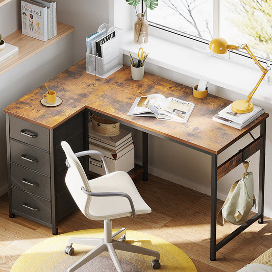 Casacomoda 40 inch Computer Desk with 4 Fabric Drawers — Home Office Desks with Storage, Writing Desk with Side Hook, Desk Study/Work Table for Bedroom and Small Space, Vintage