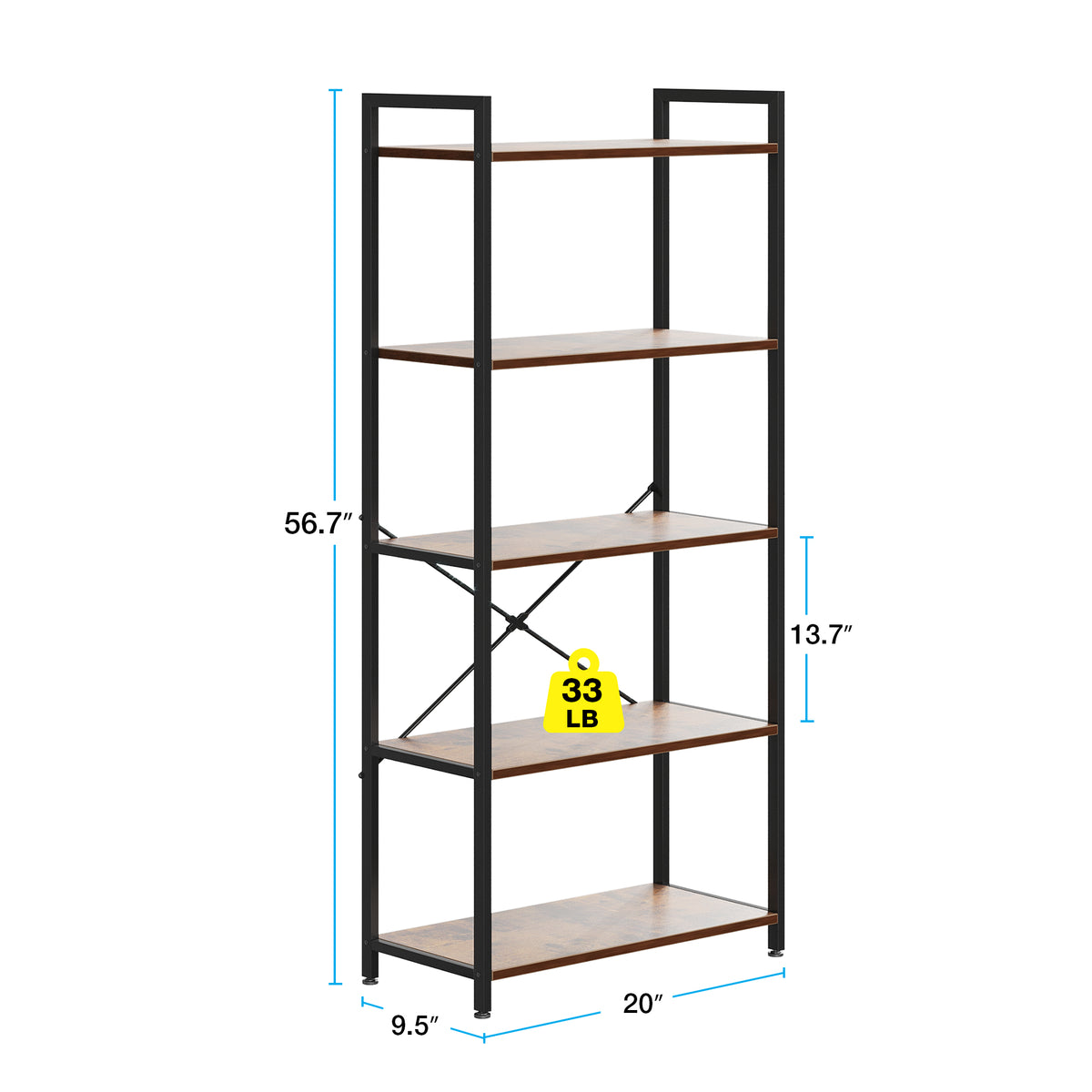 Casacomoda 5-Tier Bookshelf, Freestanding Book Shelf, Home Office Bookcase, Storage Shelving Unit for Bedroom, Living Room, Vintage