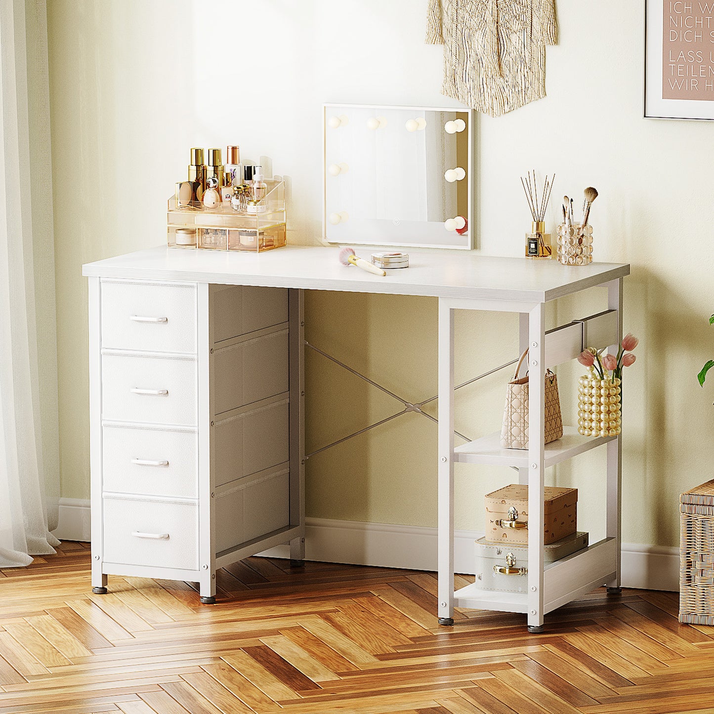 Casacomoda Computer Desk with Drawers & Storage Shelves, 40 Inch Corner Desk for Home Office Bedroom, Small Teen PC Desks with Fabric Drawer, White