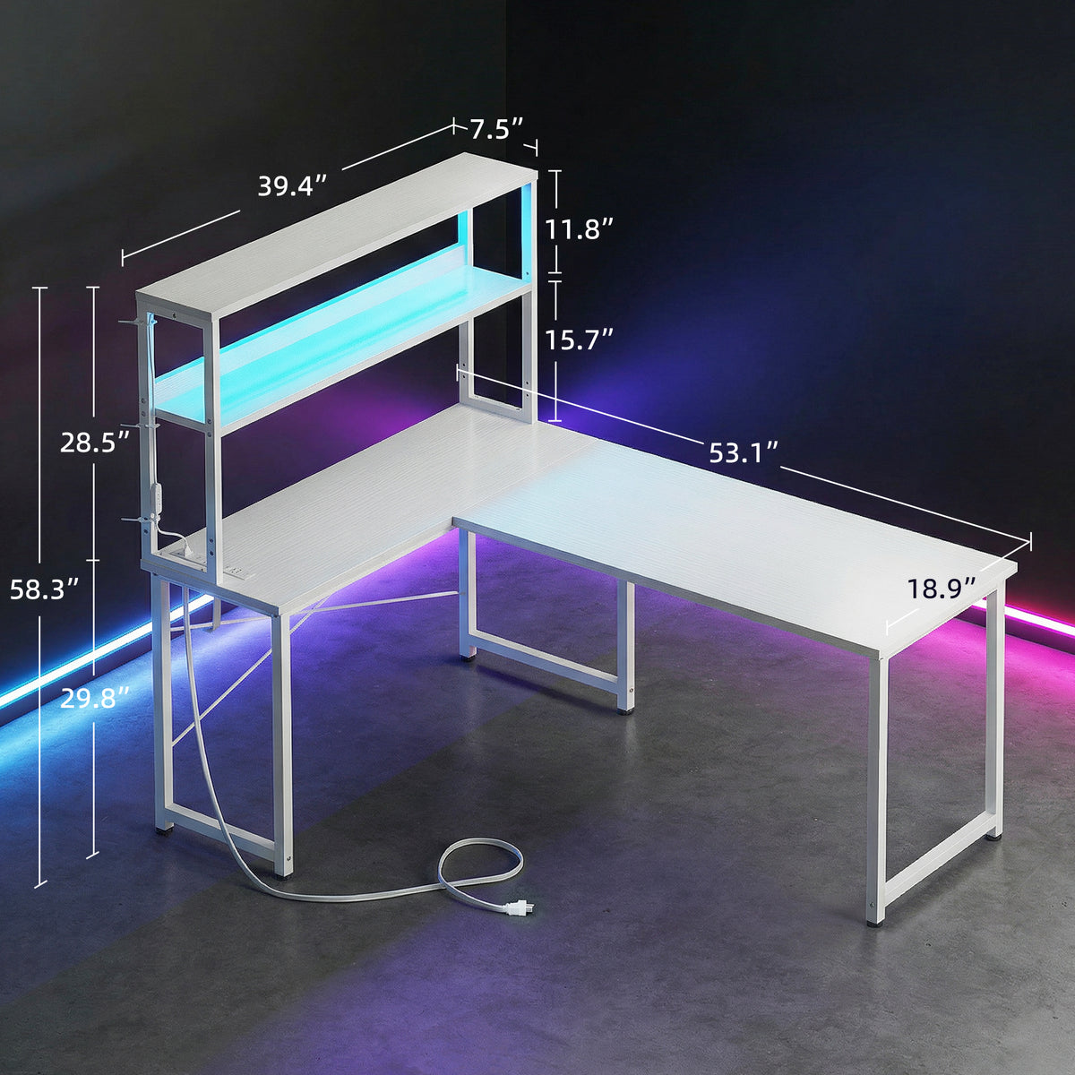 Casacomoda L Shaped Gaming desk, 53 Inch Computer Desk with Shelves, Reversible Display Shelf Gaming Desk with Led Light & Charging Station, White
