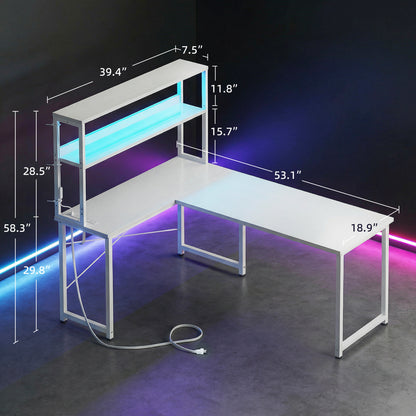 Casacomoda L Shaped Gaming desk, 53 Inch Computer Desk with Shelves, Reversible Display Shelf Gaming Desk with Led Light & Charging Station, White