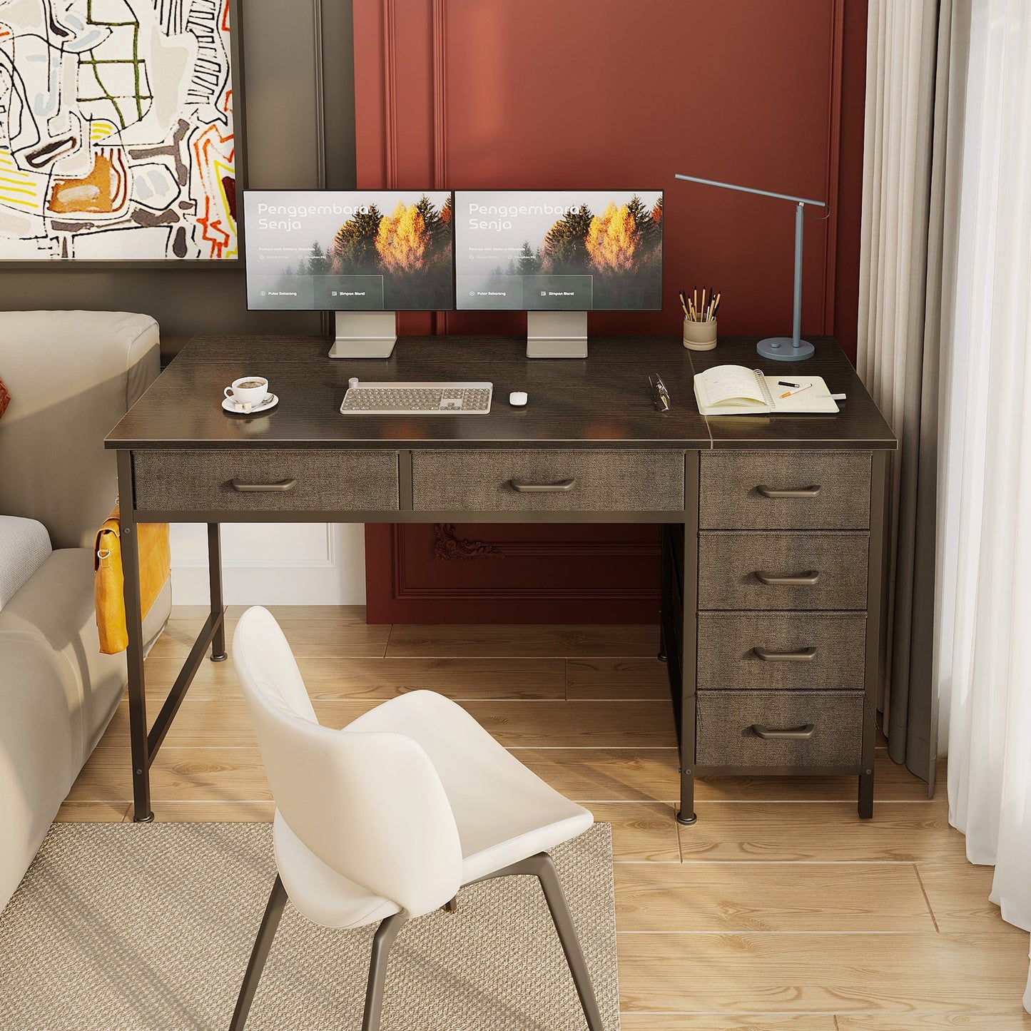 Casacomoda 48" Home Office Desk with 6 Drawers, Modern Computer Desk with Small Space, Corner Computer Desk, Black