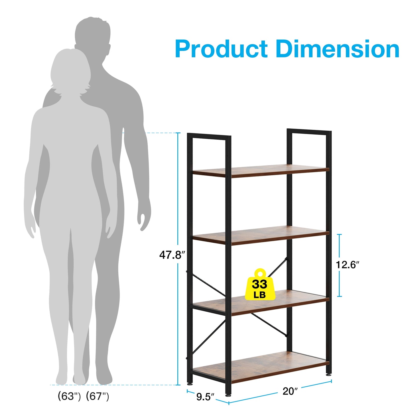 Casacomoda 4-Tier Bookshelf, Freestanding Book Shelf, Home Office Bookcase, Storage Shelving Unit for Bedroom, Living Room, Vintage