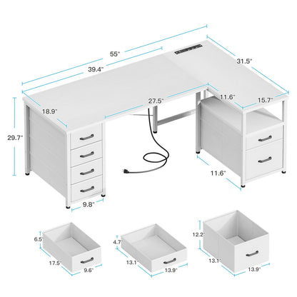Casacomoda 55 inch Computer Desk with 5 Drawers and File Cabinet for Storage, Office Desk with Storage Shelf & Power Outlets, Home Office Desks, White