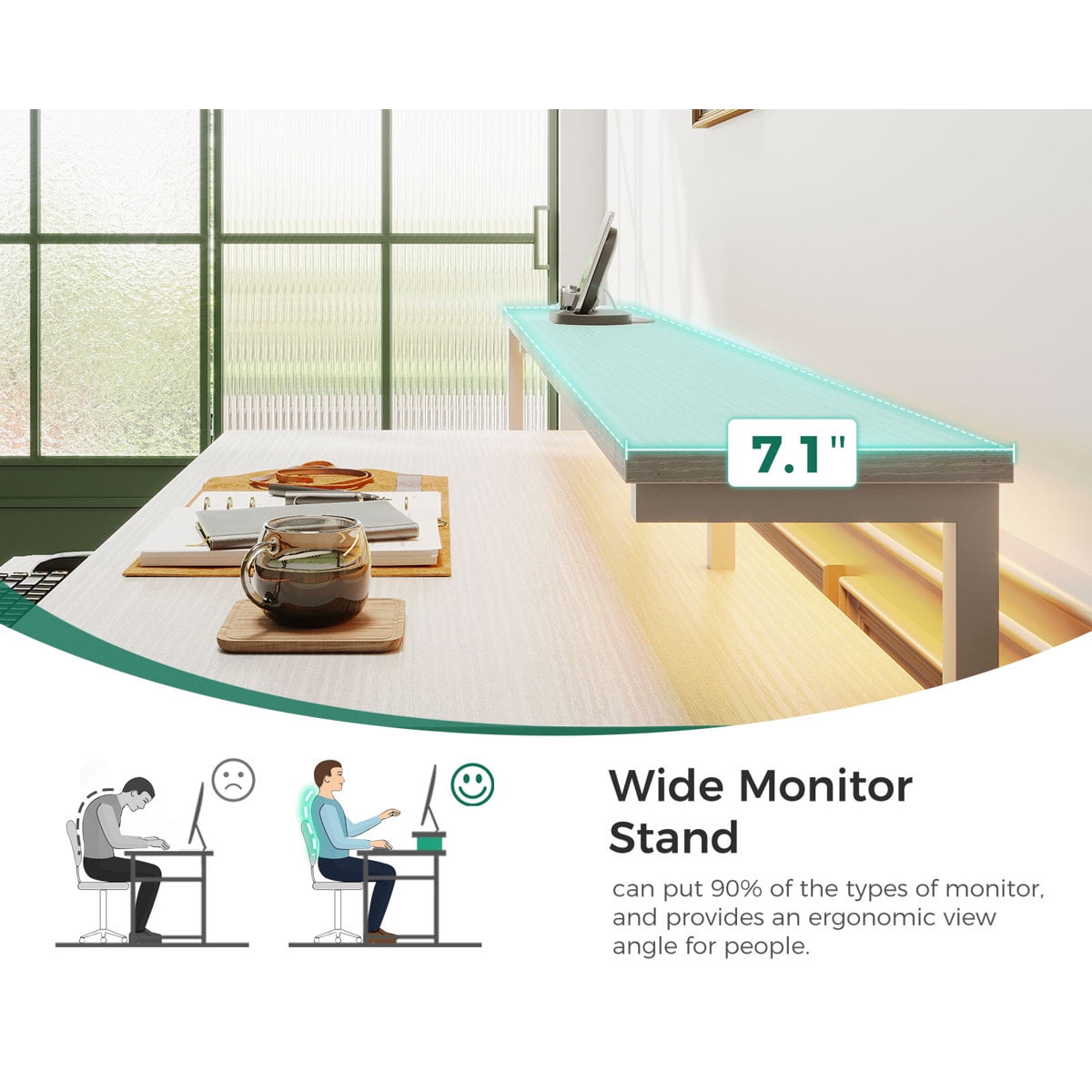 Casacomoda Computer Desk with Power Outlets, Workstation with Monitor Shelf & File Cabinet, Home Office Desk with LED Light & Print Stand, Reversible, White