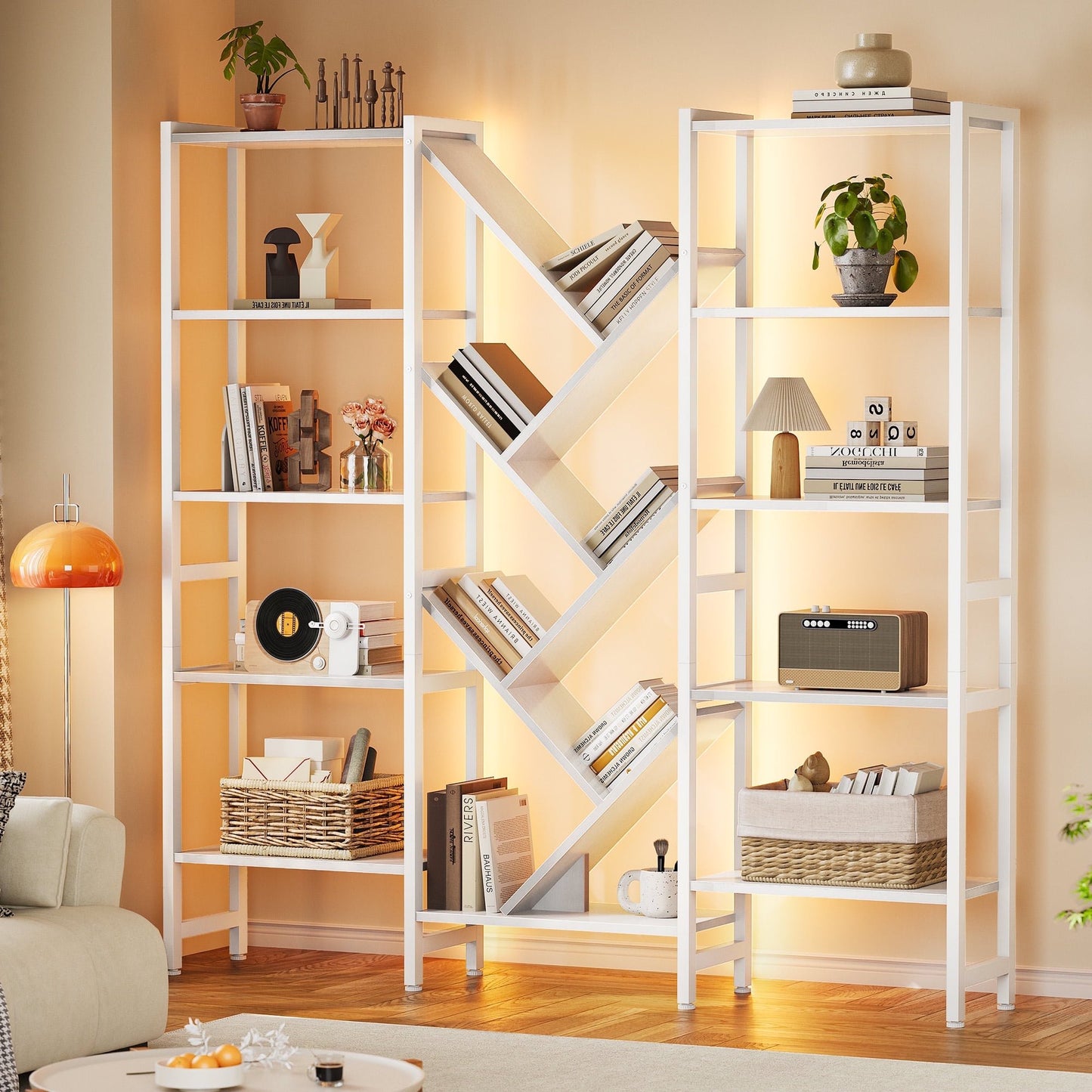 Triple 5-Tier Bookshelf with LED Lights for Living Room, 17 Open Shelves Large Bookcase with App Control RGB Light Strip, Modern Tree Design Storage Shelf with Metal Frame, White