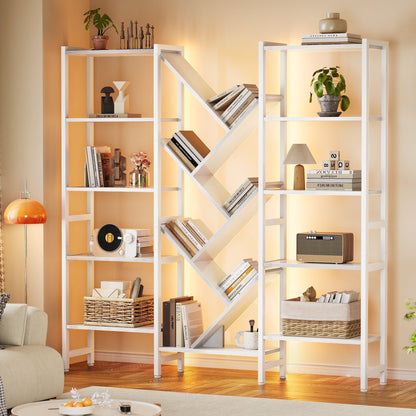 Triple 5-Tier Bookshelf with LED Lights for Living Room, 17 Open Shelves Large Bookcase with App Control RGB Light Strip, Modern Tree Design Storage Shelf with Metal Frame, White