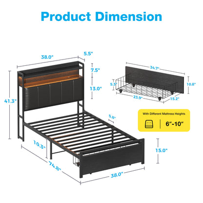Bed Frame Twin Size with Storage Headboard and Drawer, Upholstered Platform Bed with Charging Station and LED Light, Heavy Duty Frame Support, No Box Spring Needed, Noise Free, Black