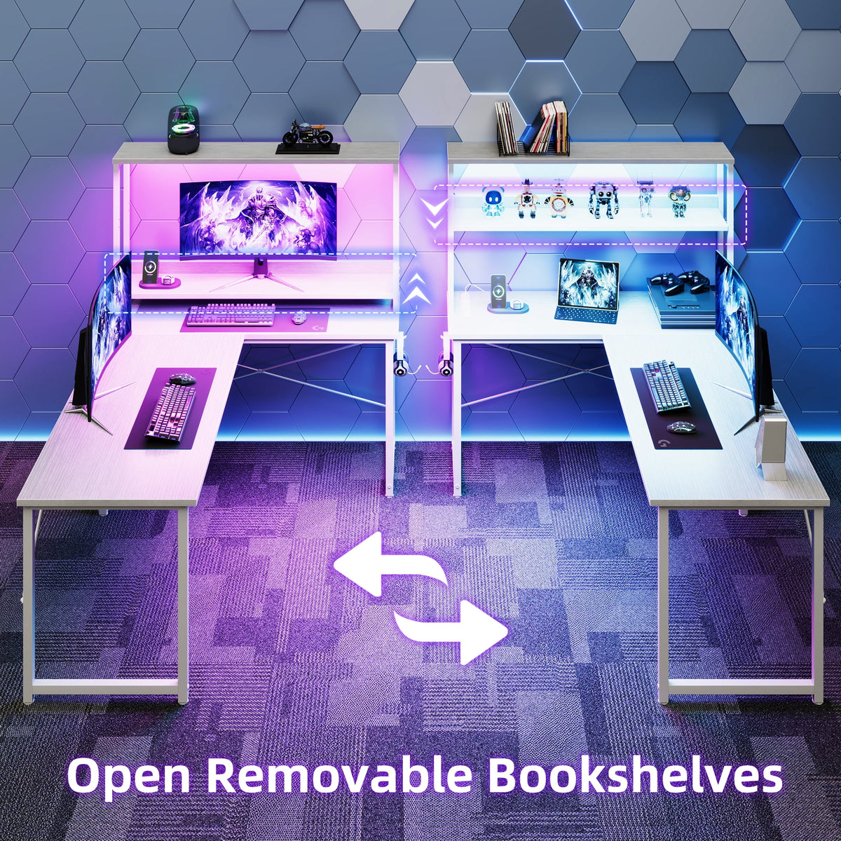 Casacomoda L Shaped Gaming desk, 53 Inch Computer Desk with Shelves, Reversible Display Shelf Gaming Desk with Led Light & Charging Station, White