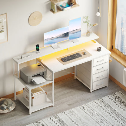 Casacomoda 55 Inch Computer Desk with USB Ports and Power Outlets, Printer Shelf & Built-in LED, 4 Drawers & Storage Shelf, Home Office Desks, White