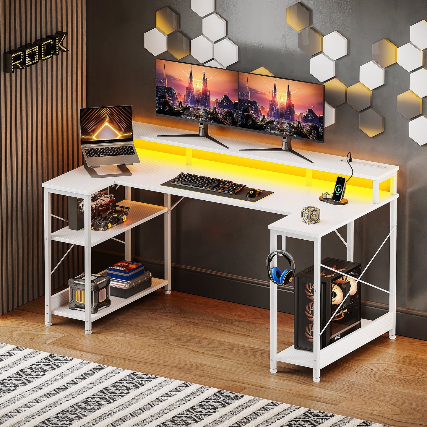Casacomoda 48 inch U-Shaped Gaming Desk with Power Outlet & LED Lights, Home Ofiice Desk with Monitor Stand,Computer Desk with 4 Open Shelves, White